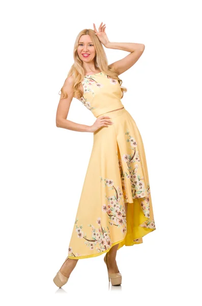 Blond meisje in charmante jurk met bloem afdrukken geïsoleerd op whit — Stockfoto