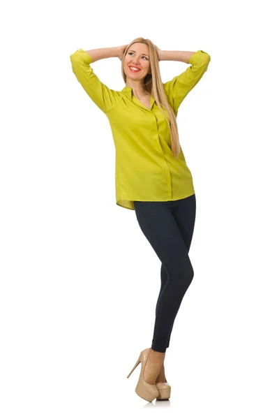 Kvinde i gul skjorte isoleret på hvid - Stock-foto