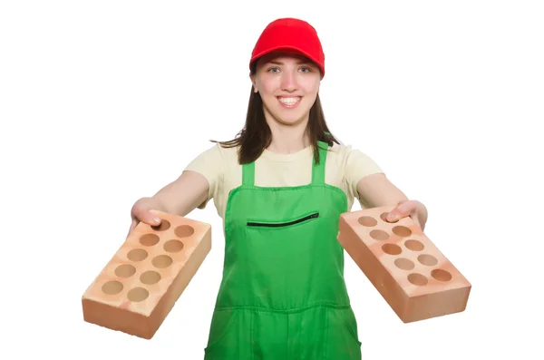 Woman holding clay brick isolated on white — Stock Photo, Image