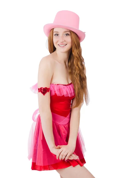 Mooie jonge wizard in mini roze jurk geïsoleerd op wit — Stockfoto