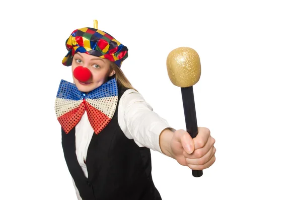 Hübsche Clownin mit Maracas auf Weiß — Stockfoto