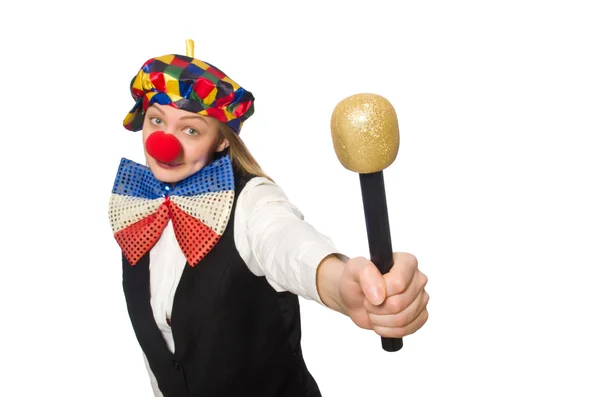 Bonito payaso femenino con maracas aisladas en blanco — Foto de Stock