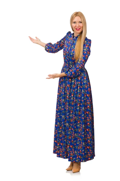 Ung kvinna i blå blommig klänning isolerad på vit — Stockfoto