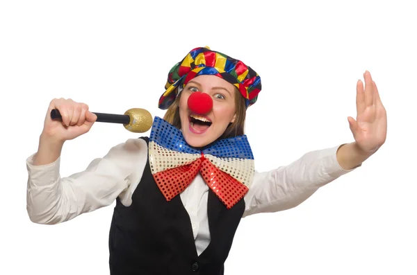 Hübsche Clownin mit Maracas auf Weiß — Stockfoto