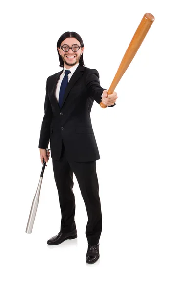 Young elegant man in black suit holding bat isolated on white — Stock Photo, Image