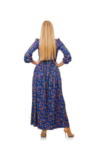 Ung kvinna i blå blommig klänning isolerad på vit — Stockfoto