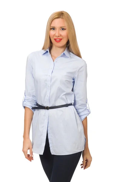 Vrouw in blauwe blouse geïsoleerd op wit — Stockfoto