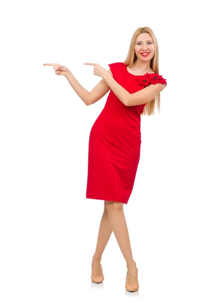 Blond woman in scarlet dress isolated on white — Stock Photo, Image