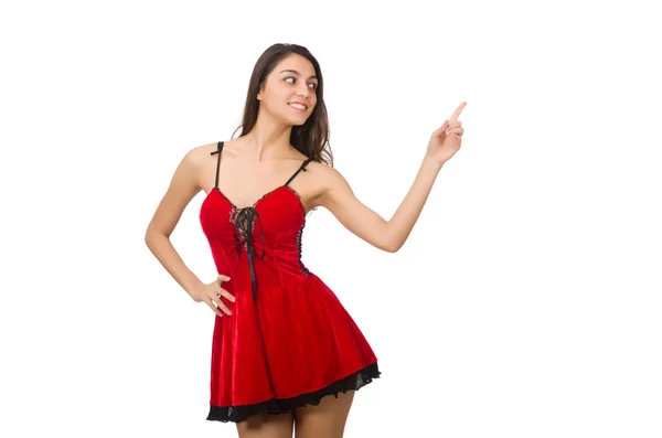 Mulher vestindo mini vestido vermelho curto isolado no branco — Fotografia de Stock
