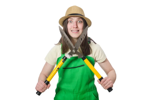Mladá žena s nůžkami na bílém — Stock fotografie