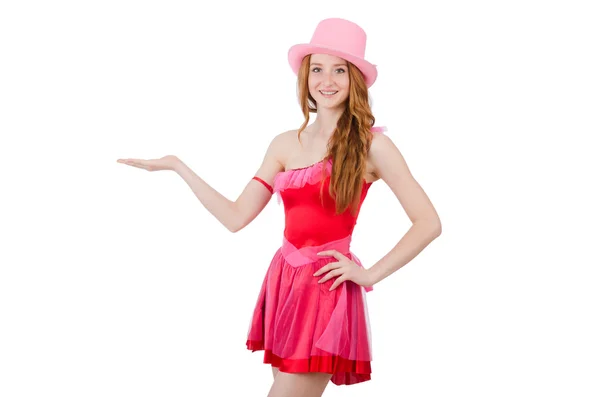 Pretty young wizard in mini pink dress isolated on white — Stock Photo, Image