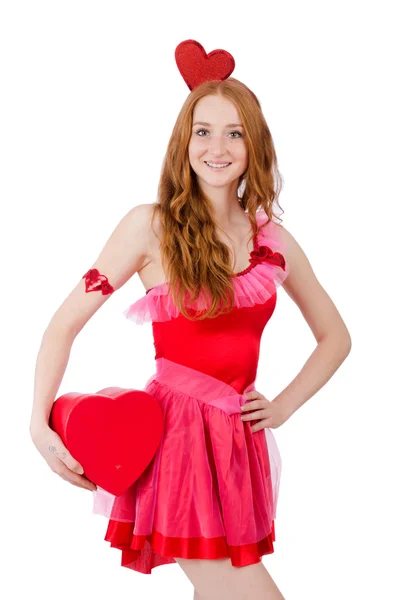 Hezká mladá model v růžové mini šaty drží krabičky izolované na bílém — Stock fotografie