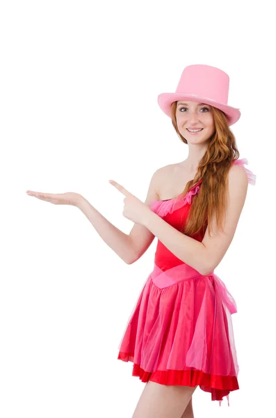 Mooie jonge wizard in mini roze jurk geïsoleerd op wit — Stockfoto