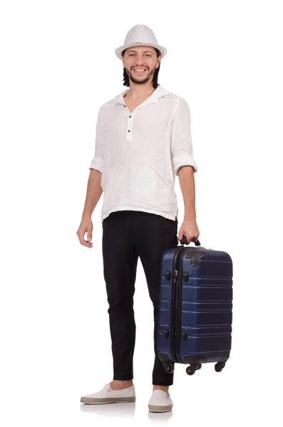 Turista con valigia isolata su bianco — Foto Stock