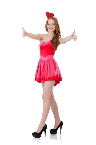 Bella giovane modello in mini abito rosa isolato su bianco — Foto Stock