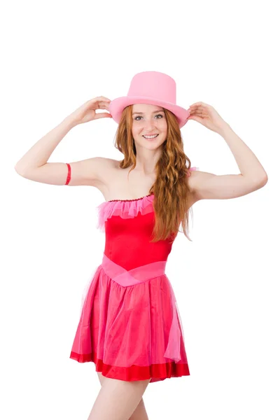 Pretty young wizard in mini pink dress isolated on white — Stock Photo, Image