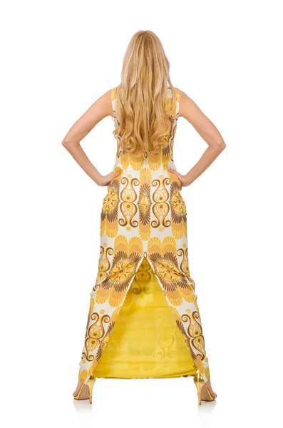 Linda chica en vestido floral amarillo aislado en blanco —  Fotos de Stock