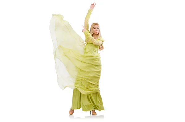 Söt flicka i elegant grön klänning isolerad på vit — Stockfoto