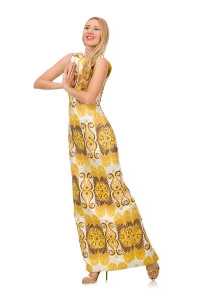 Pretty girl in yellow floral dress isolated on white — Stock Photo, Image