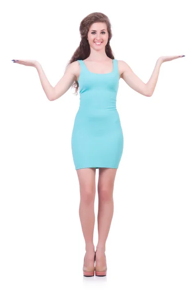 Ganska ung flicka i blå klänning isolerad på vit — Stockfoto