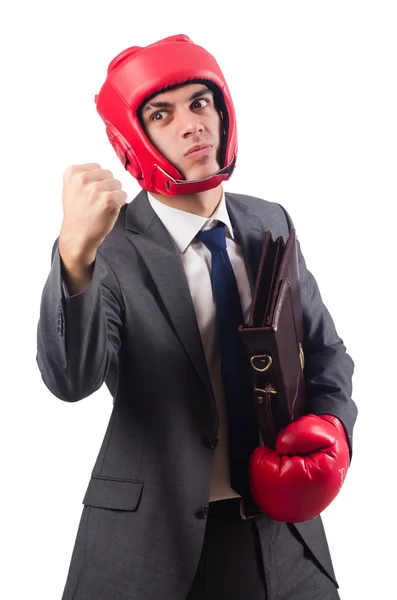 Jonge zakenman met werkmap en box handschoenen geïsoleerd op wit — Stockfoto