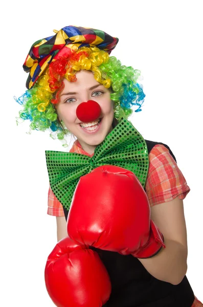 Clown femminile con guanti di scatola isolati su bianco — Foto Stock