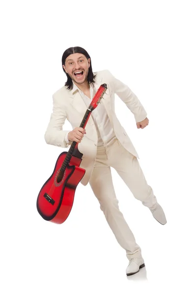 Homme avec guitare isolé sur blanc — Photo