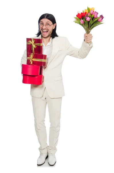 Adam beyaz izole giftbox ile — Stok fotoğraf