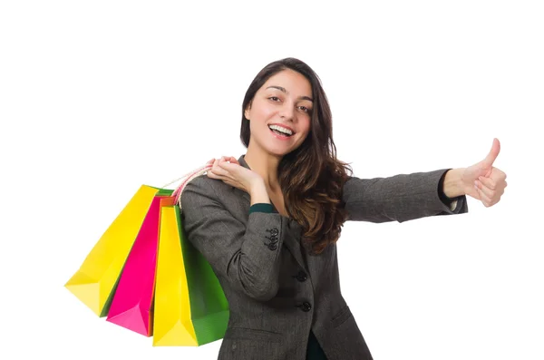 Atrakcyjna kobieta z torbami na zakupy na białym tle — Zdjęcie stockowe