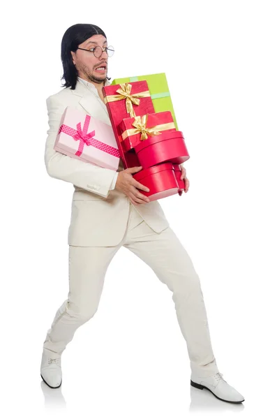 Άνθρωπος με giftbox απομονωθεί σε λευκό — Φωτογραφία Αρχείου
