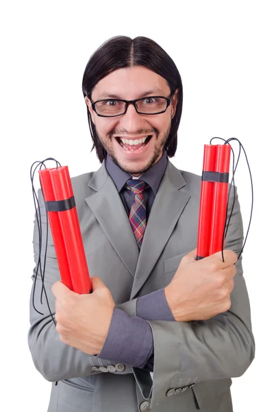 Young businessman holding dynamite isolated on white — Stock Photo, Image