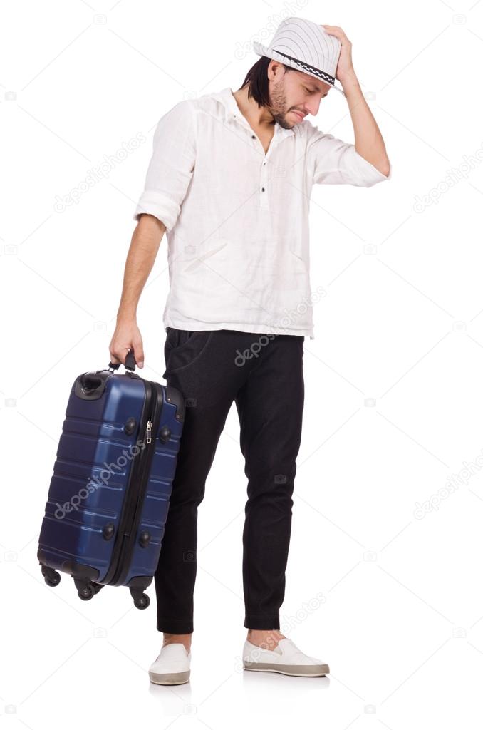 Tourist with suitcase isolated on white