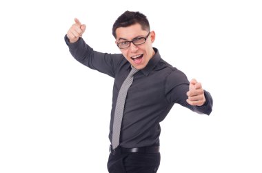 Gri takım elbiseli genç adam