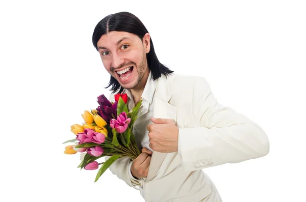 Homem com flores de tulipa isolado em branco — Fotografia de Stock