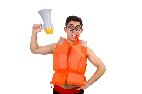 Funny man wearing vest with loudspeaker — Stock Photo, Image