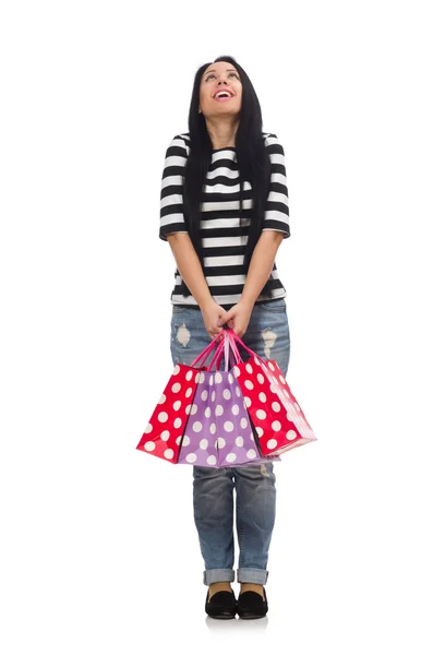 Donna con shopping bags isolata su bianco — Foto Stock