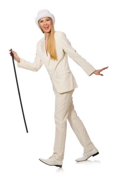 Blond hair girl with walking stick isolated on white — Stock Photo, Image