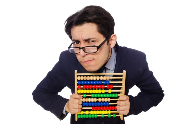 Komik işadamı ile üzerine beyaz izole abacus — Stok fotoğraf