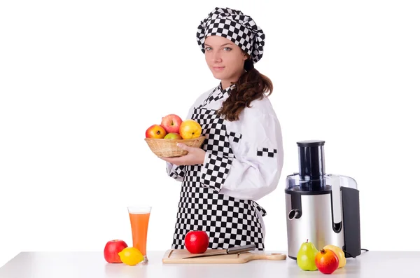 Chef feminino com frutas isoladas em branco — Fotografia de Stock