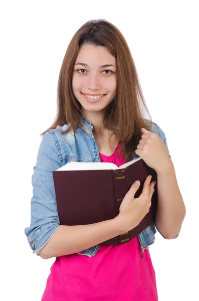 Schülerin mit Büchern auf weiß — Stockfoto