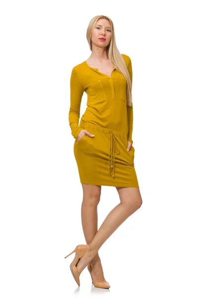 Pretty fair girl in yellow dress isolated on white — Stock Photo, Image