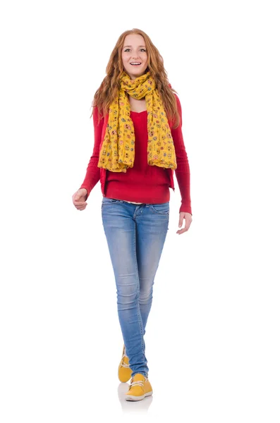 Lächelndes Mädchen in roter Jacke und Jeans — Stockfoto