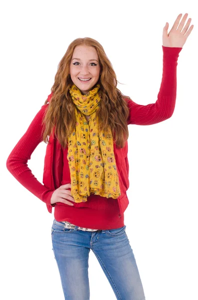 Smiling girl in red jacket and jeans — Stock Photo, Image