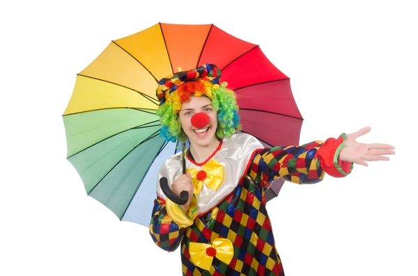Clown with umbrella isolated on white — Stock Photo, Image