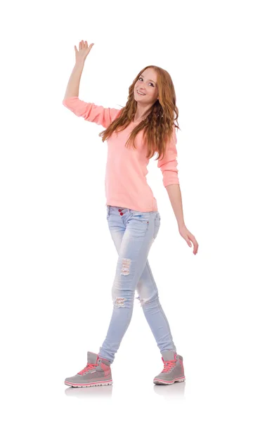 Menina sorridente bonito em blusa rosa — Fotografia de Stock