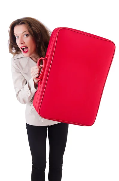 Mujer sosteniendo maleta roja — Foto de Stock