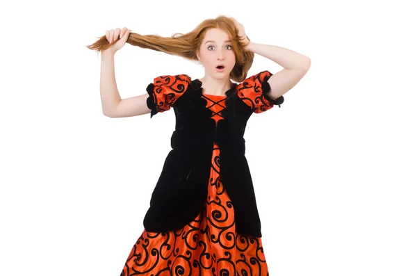 Zrzavé vlasy holka v oranžové šaty — Stock fotografie