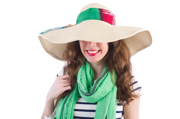 Donna con cappello isolato su bianco — Foto Stock