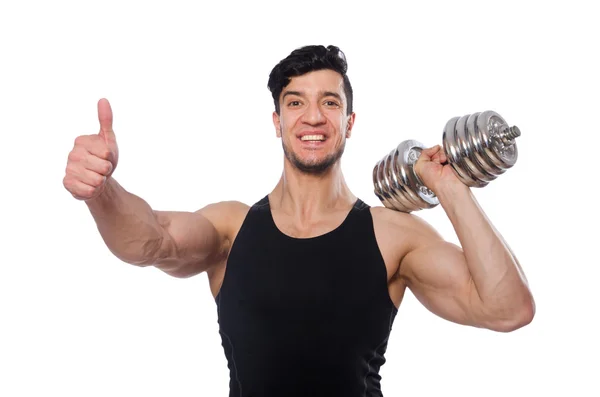 Hombre con mancuernas aisladas en blanco — Foto de Stock