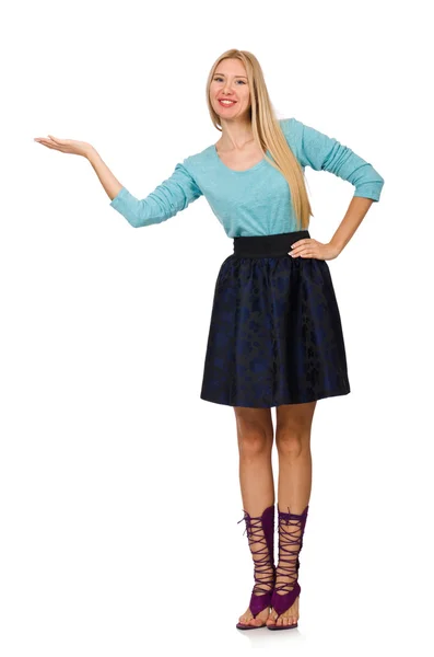 Blond hair girl in dark blue skirt isolated on white — Stock Photo, Image